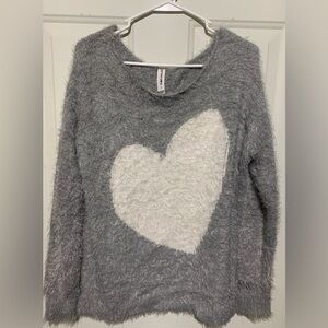 Bethany Mota Fuzzy Gray Off-the-Shoulder Sweater with White Heart